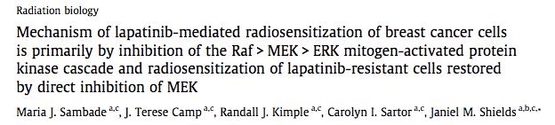 LAPATINIB AND RADIATION (2) Breast tumor cell lines of the basalsubtype, which express elevated levels of EGFR and normal levels of HER2, are growth impaired and radiosensitized by treatment with