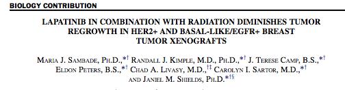 LAPATINIB AND RADIATION (3) Tumors from basal-like/egfr+ cells were insensitive to lapatinib monotherapy treatment but were radiosensitized when lapatinib was combined with RT.