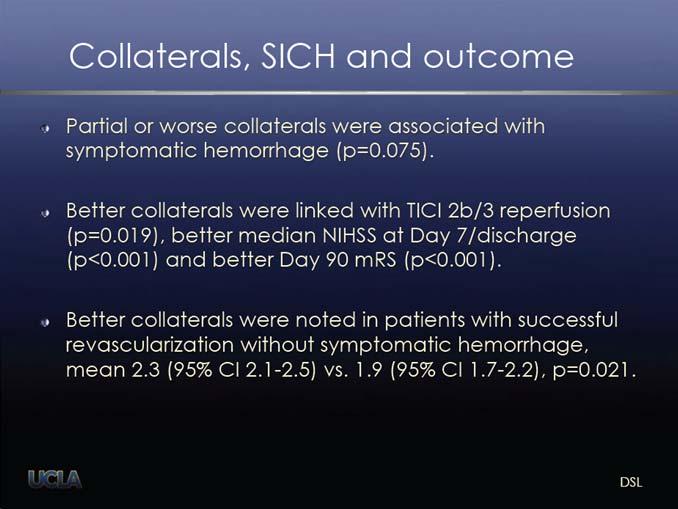 Early Presentation is Associated with Better Collaterals, Smaller Established Infarcts, and Better Clinical Outcomes from Endovascular Recanalization Impact of Collaterals on Successful