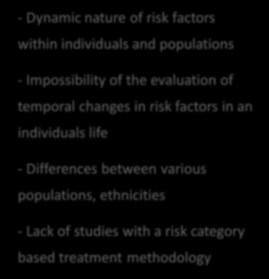 based treatment methodology - Fatal/nonfatal risk - Special populations (Young, elderly, women, diabetics) - Ten years/life long risk - Lack of genetic