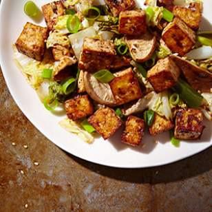 Baked Tofu Stir-Fry with Cabbage & Shiitakes Per serving: 322 calories; 20 g fat (2 g sat, 12 g mono); 0 mg cholesterol; 15 g carbohydrates; 0 g added sugars; 4 g total sugars; 24 g protein; 6 g
