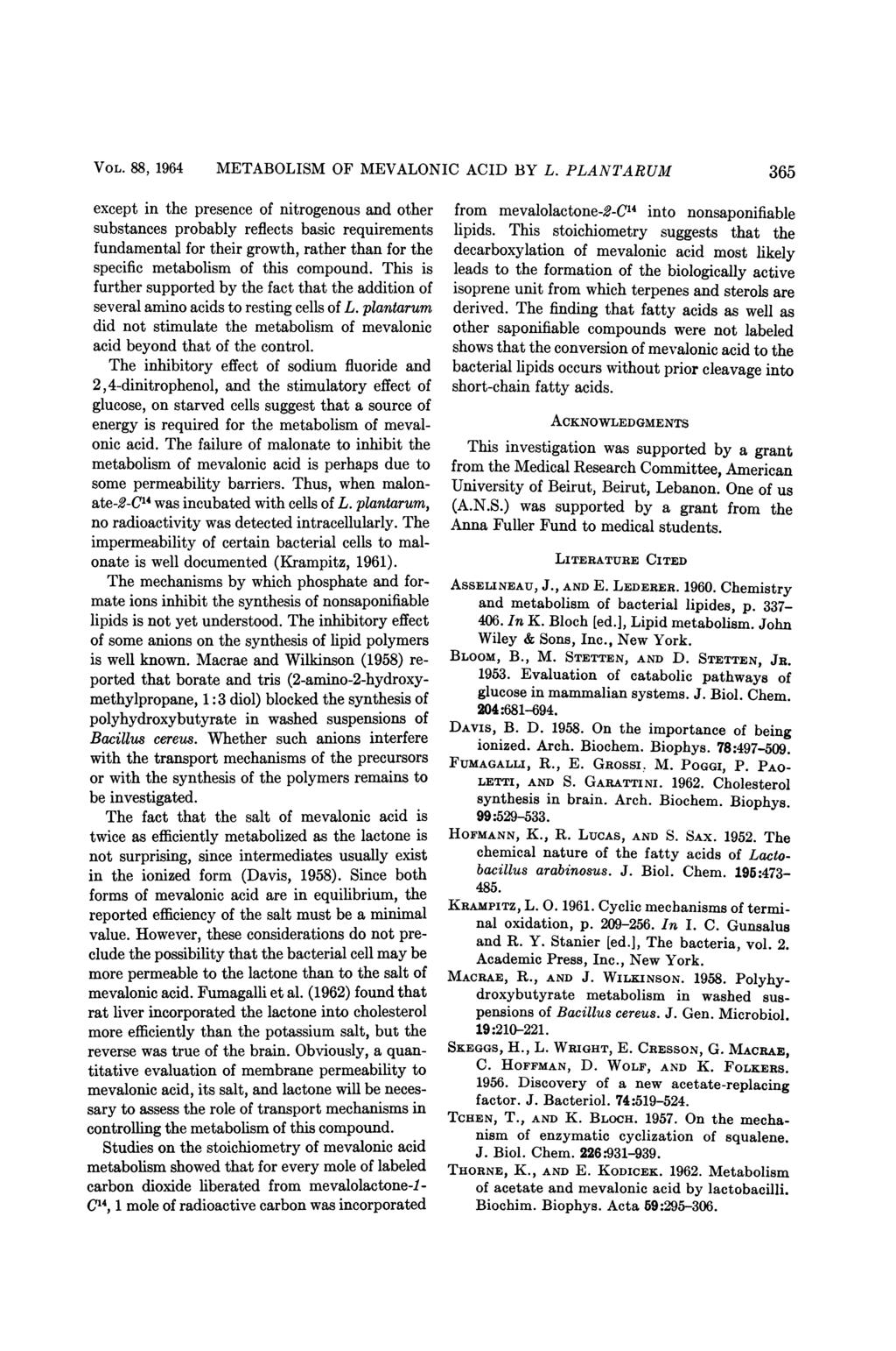 VOL. 88, 1964 METABOLISM OF MEVALONIC ACID BY L.