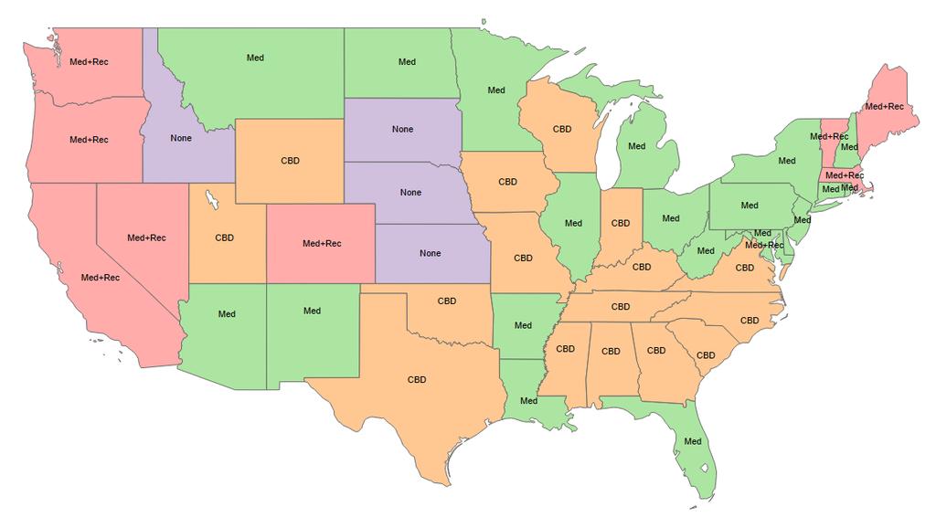 National Landscape of Marijuana Laws Medical & Recreational: 9 States & DC --- Medical only: 21 States --- CBD only: 16 States --- None: 4 States Source: