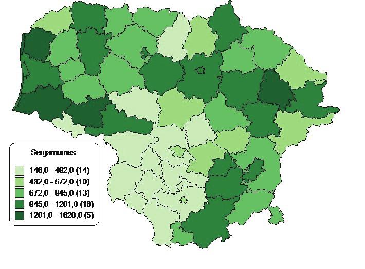 4.2. Sergamumo prostatos vėžiu ir profilaktinės programos lėšų panaudojimo netolygumai Lietuvoje 2006 2008 m. Sergamumo prostatos vėžiu rodiklių vidurkis buvo 779,5/100 tūkst.