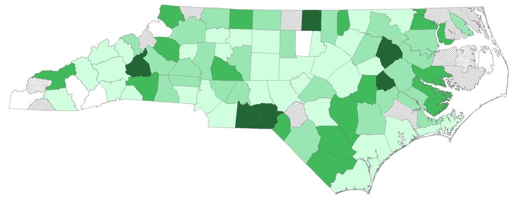 Stroke Death Rates by County of Residence, N.C., 2007-2011 Death Rate Unreliable Rate (<20 Deaths) Unreliable Rate (<50 Deaths) 25.7-35.7 35.8-46.0 46.1-52.9 53.0-65.0 65.1-95.