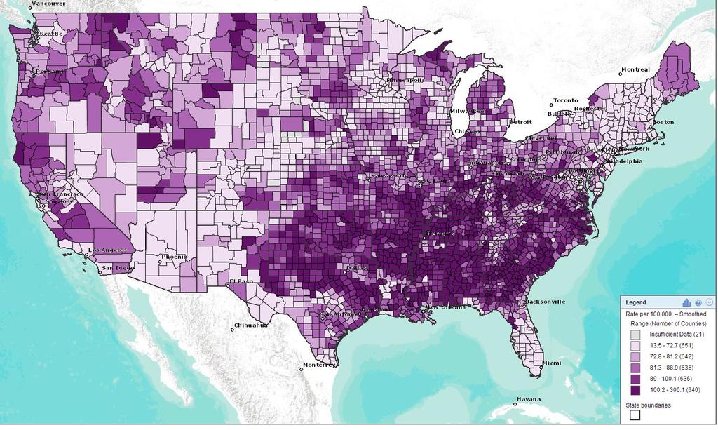 US Stroke Death Rates by County, Adults Ages 35+, 2008-2010 Stroke Buckle state* Traditional Stroke Belt state** (in addition to Buckle states) Stroke mortality 10% or more higher than national