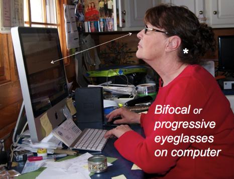 Use single-vision reading glasses here! Push KEYBOARD in 4-6 inches from edge of desk, then place gel pad here for arm support. Rest arms to type.