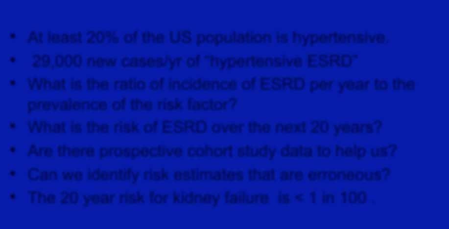 Estimating the risk for kidney failure from a blood pressure of 140/90 At least 20% of the US population is hypertensive.