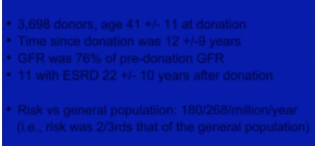 Long term consequences of kidney donation Ibrahim et al NEJM 2009 3,698 donors, age 41 +/- 11 at donation Time since donation was 12 +/-9 years GFR was 76% of