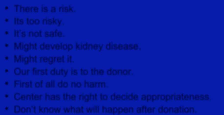 Why reject this donor? There is a risk. Its too risky. It s not safe. Might develop kidney disease. Might regret it.