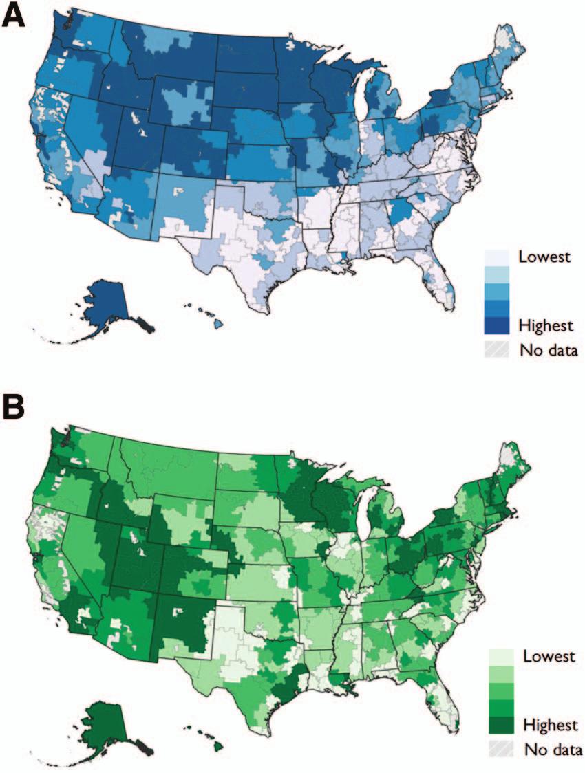 Figure 1. Supply of chiropractic care (A) and primary care physicians (B) according to US hospital referral regions.