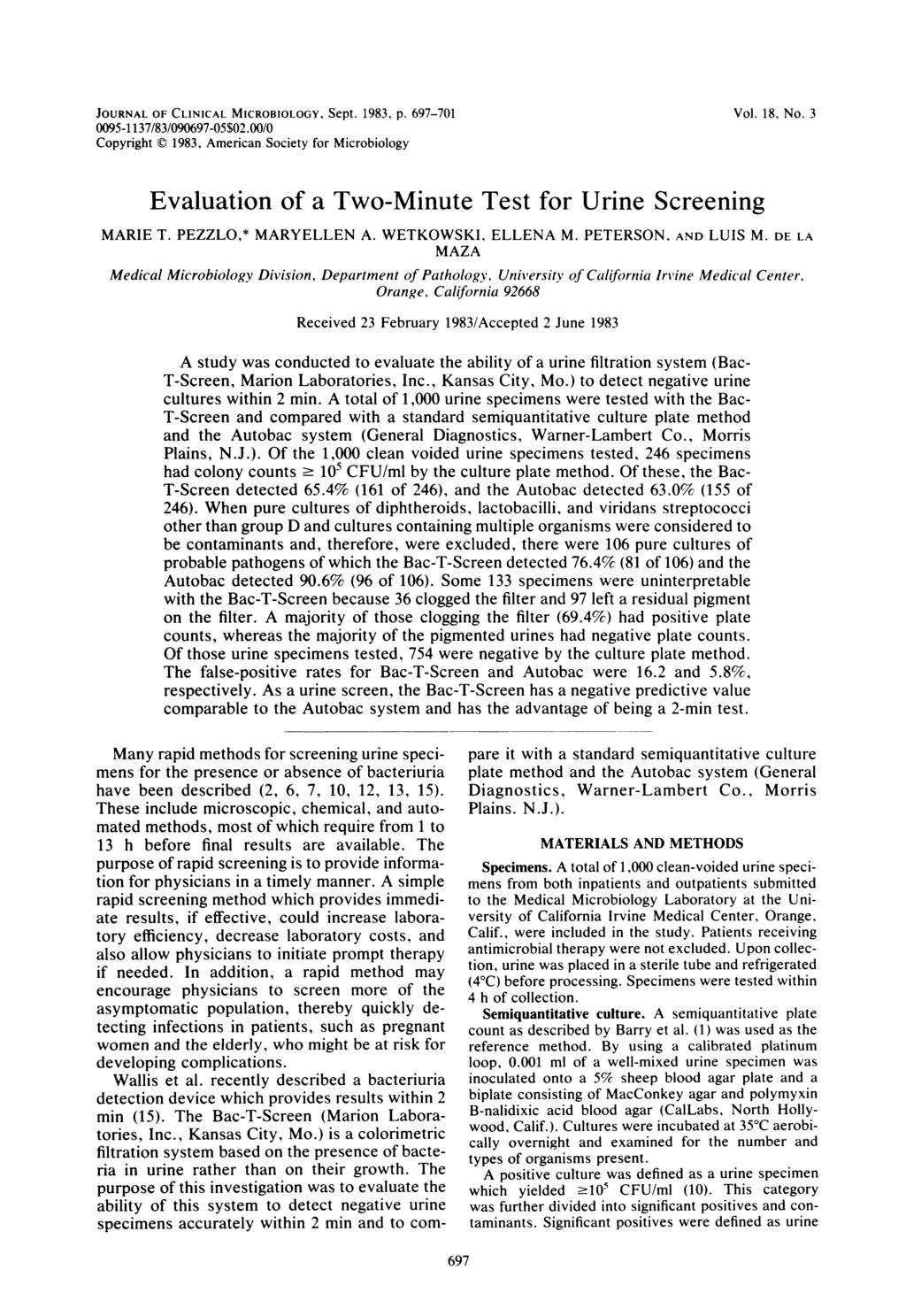 JOURNAL OF CLINICAL MICROBIOLOGY, Sept. 1983. p. 697-701 0095-1137/83/090697-05$02.00/0 Copyright 1983, American Society for Microbiology Vol. 18, No.