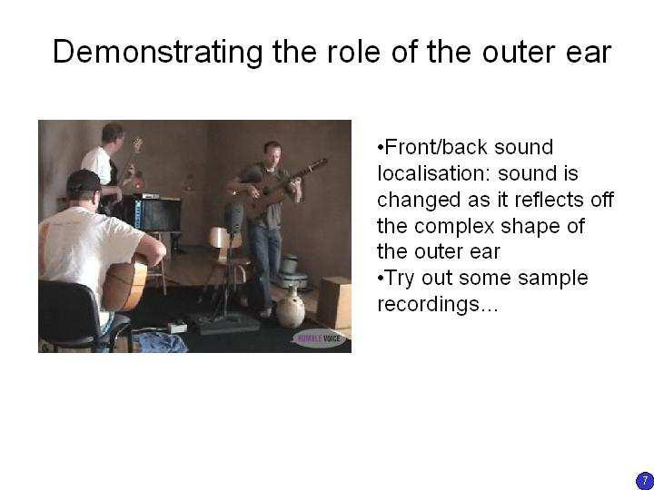 A rock concert is around 110-120 db. Slide 6 Structure of the ear, as an outline of what we will deal with in this lecture.
