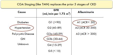 From Old to New Staging Classification of CKD CGA Staging (like TMN) replaces the prior 5 stages of CKD U.S. Prevalence Estimated GFR GFR Cause CKD Stage (ml/min per 1.