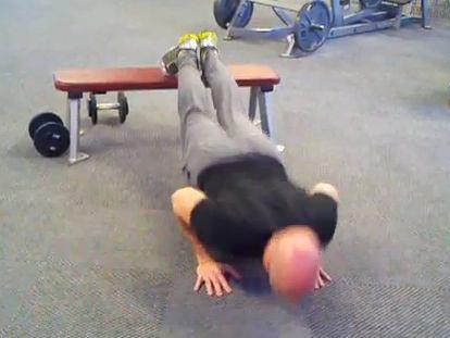 Decline Close-Grip Pushups Keep the abs braced and body in a straight line from toes (knees) to shoulders.