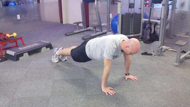 Finishers 9-13 Spiderman Pushup Keep the abs braced and body in a straight line from toes (knees) to shoulders.