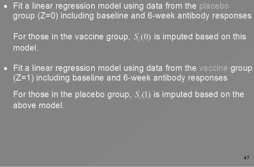 Imputation Model Selected for ZOSTAVAX 47 Evaluation of Principal Surrogate Categorize potential outcomes of immune responses (S) into 4 groups S(0) or S(1) Postvaccination Titer Postvaccination Fold