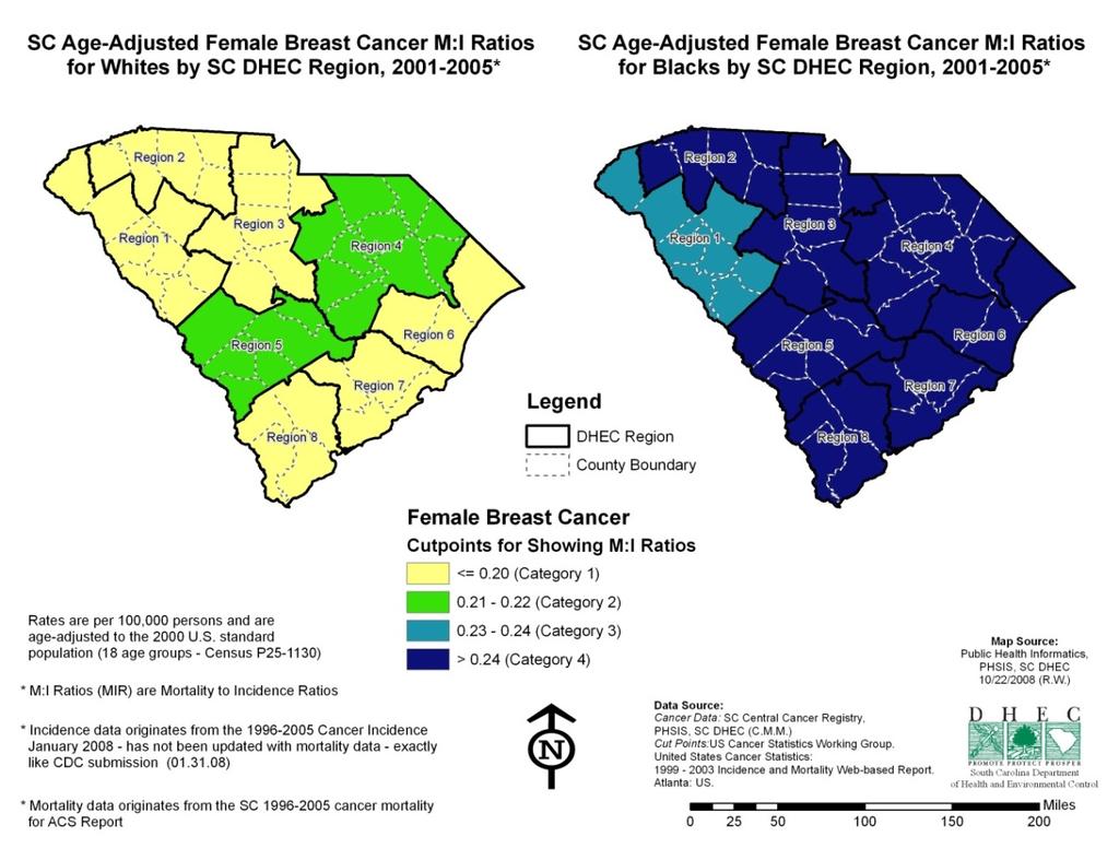 all Lowcountry service area counties (Figure 2.2). In fact, Black/African-American women with breast cancer have a 55.0 percent higher MIR than their White counterparts in the same counties.