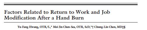 159 patients with hand burns 75% returned to work 30% required job modification % TBSA is the largest predictor of the ability to