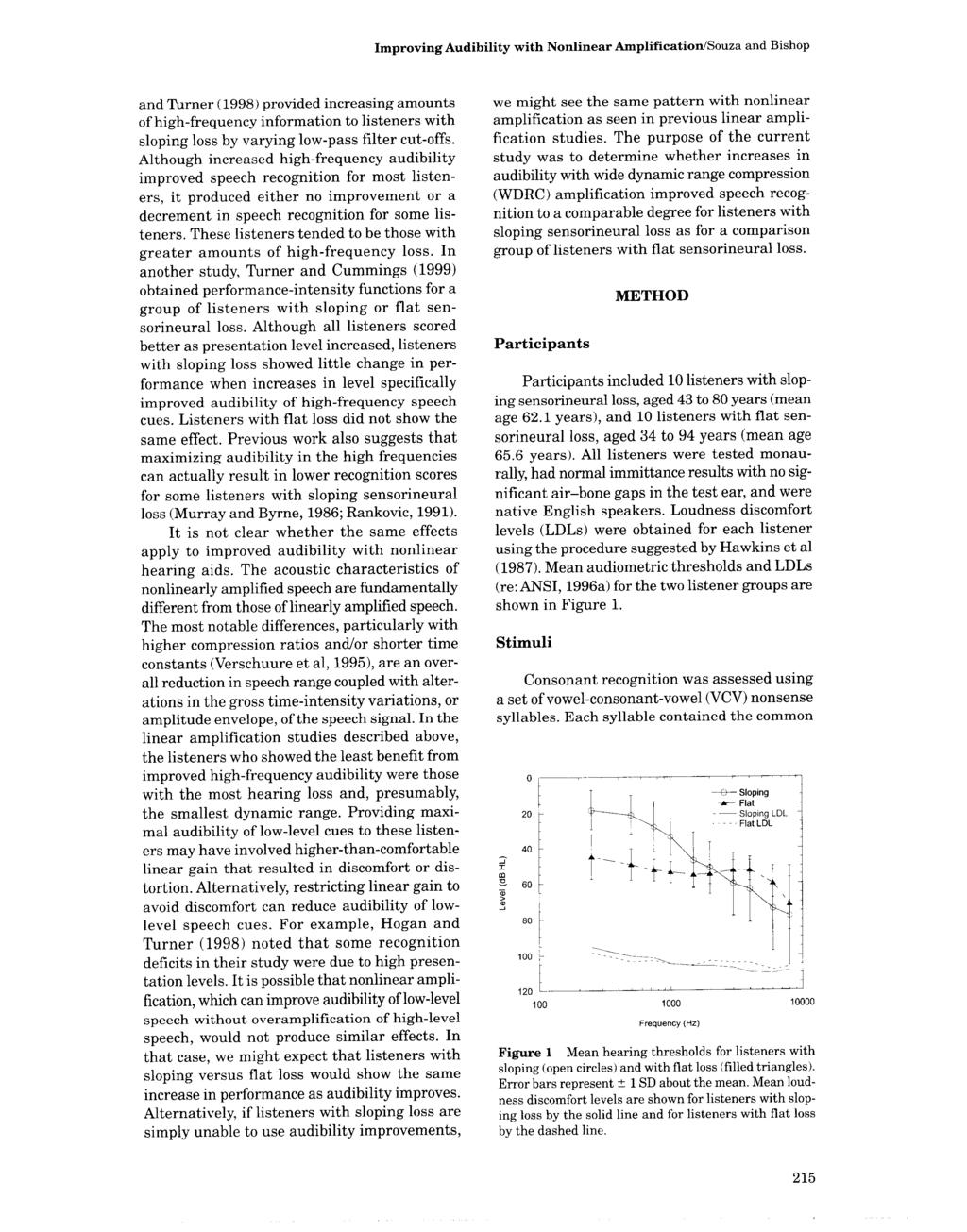 Improving Audibility with Nonlinear Amplification/Souza and Bishop and Turner (1998) provided increasing amounts of high-frequency information to listeners with sloping loss by varying low-pass