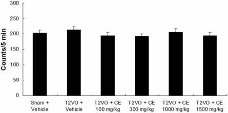 Fig. 3 Effects of CE on spontaneous locomotor activity of transient bilateral common carotid artery occlusion (T2VO)-induced memory deficit mice.