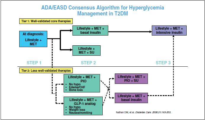 ADA/EASD ADA/EASD Guidelines The ADA guidelines selected specific therapies on their effectiveness in lowering glucose, extraglycemic effects that may reduce long term complications, the medications