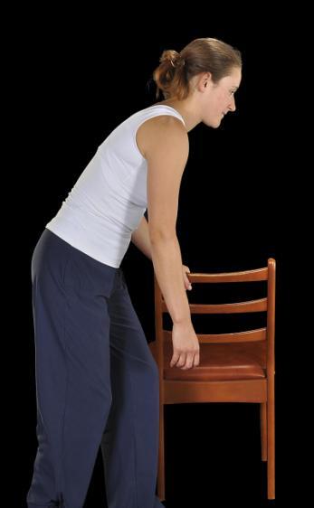 The exercises Warm up: pendulum exercises Stand leaning forward and hold onto a chair or table with your unaffected arm. Let your affected arm hang free.