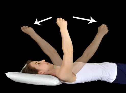 Exercise 2 Lie on your back with a pillow supporting your head and your knees bent. Start from the same position as Exercise 1 with your affected arm raised up so it points at the sky.