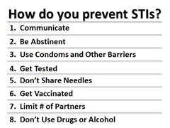 We just went over the 8 prevention techniques for reducing the risk of getting an STI. Check your list against this one to make sure you wrote them all down in your workbook.