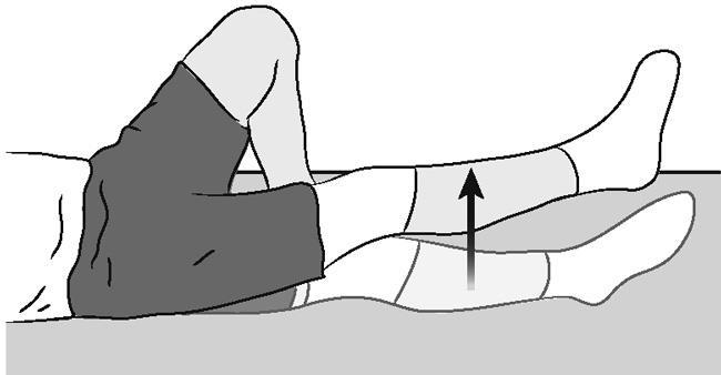 Now, slowly raise your leg until your foot is about 12 inches from the floor. Slowly lower it to the floor and relax. Perform 5 sets of 10 repetitions.