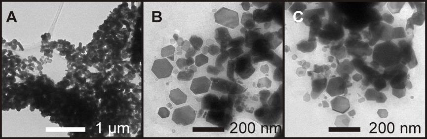 The relative size and thickness of the zinc nano-hexagons can be manipulated by varying the reaction temperature and/or feeding ratio of zinc precursor and capping ligand (oleylamine, OAM).