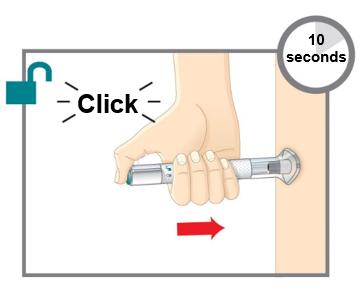 5 3 Press and Hold for 10 Seconds Press and hold the teal injection button; you will hear a loud click. Keep holding the clear base firmly against your skin.