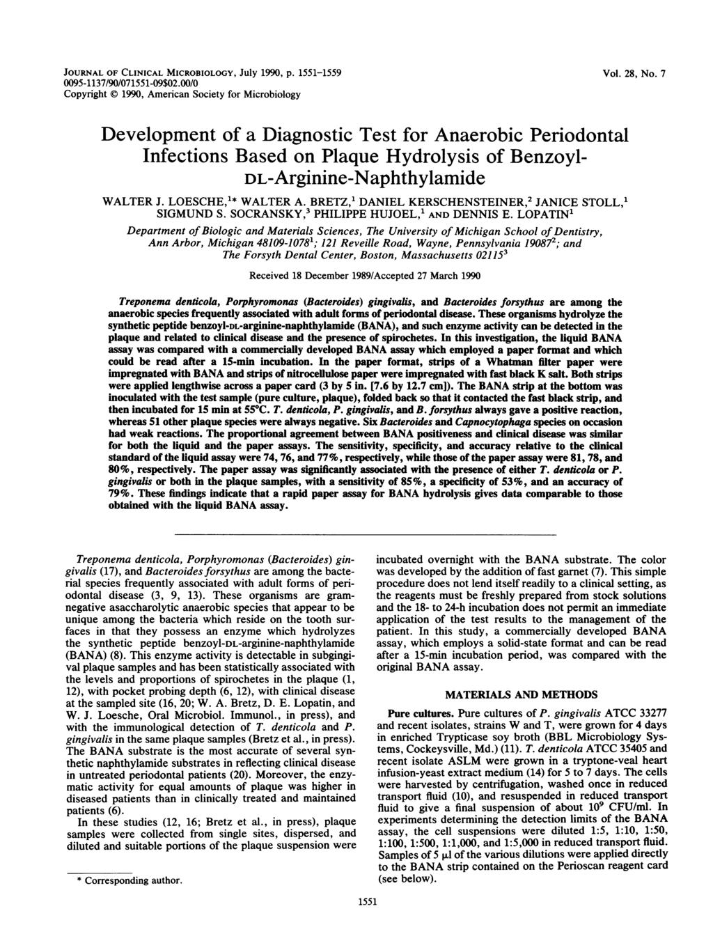 JOURNAL OF CLINICAL MICROBIOLOGY, July 1990, p. 1551-1559 0095-1137/90/071551-09$02.00/0 Copyright 1990, Americn Society for Microiology Vol. 28, No.
