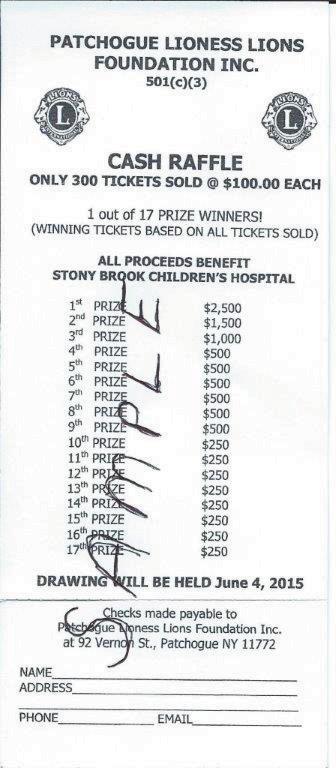 Dear Friend, The Patchogue Lioness Lions Foundation Inc. is happy to support the Stony Brook Children s Hospital by having a SUPER CASH RAFFLE with all proceeds benefiting the Hospital.