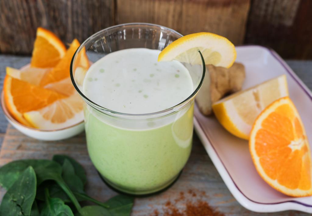 Immune Boost 1 Scoop of Clinical Paleo Protein Vanilla ½ Ginger, sliced ½ Cup Spinach, packed ¹/₃ Cup Valencia Orange segments (not just juice) Pinch of cayenne juice