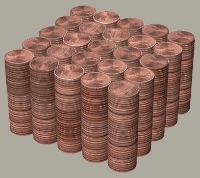 1,000 pennies value width height thickness weight height stacked $10.00, (Ten dollars and no cents) 3.75 inches 3.
