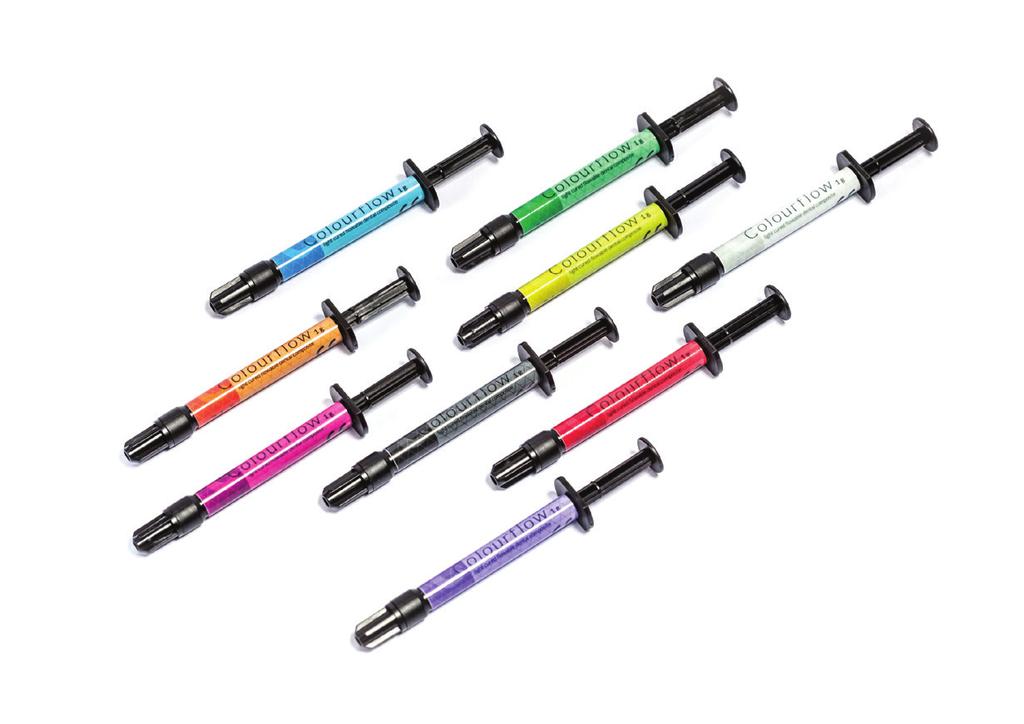Colourf low flowable dental composite available in nine different colours WHEREVER COLOURS ARE NEEDED IN DENTISTRY MARKING AND SEALING ROOT CANAL ORIFICES AFTER ENDODONTIC TREATMENT PROTECTING ENAMEL