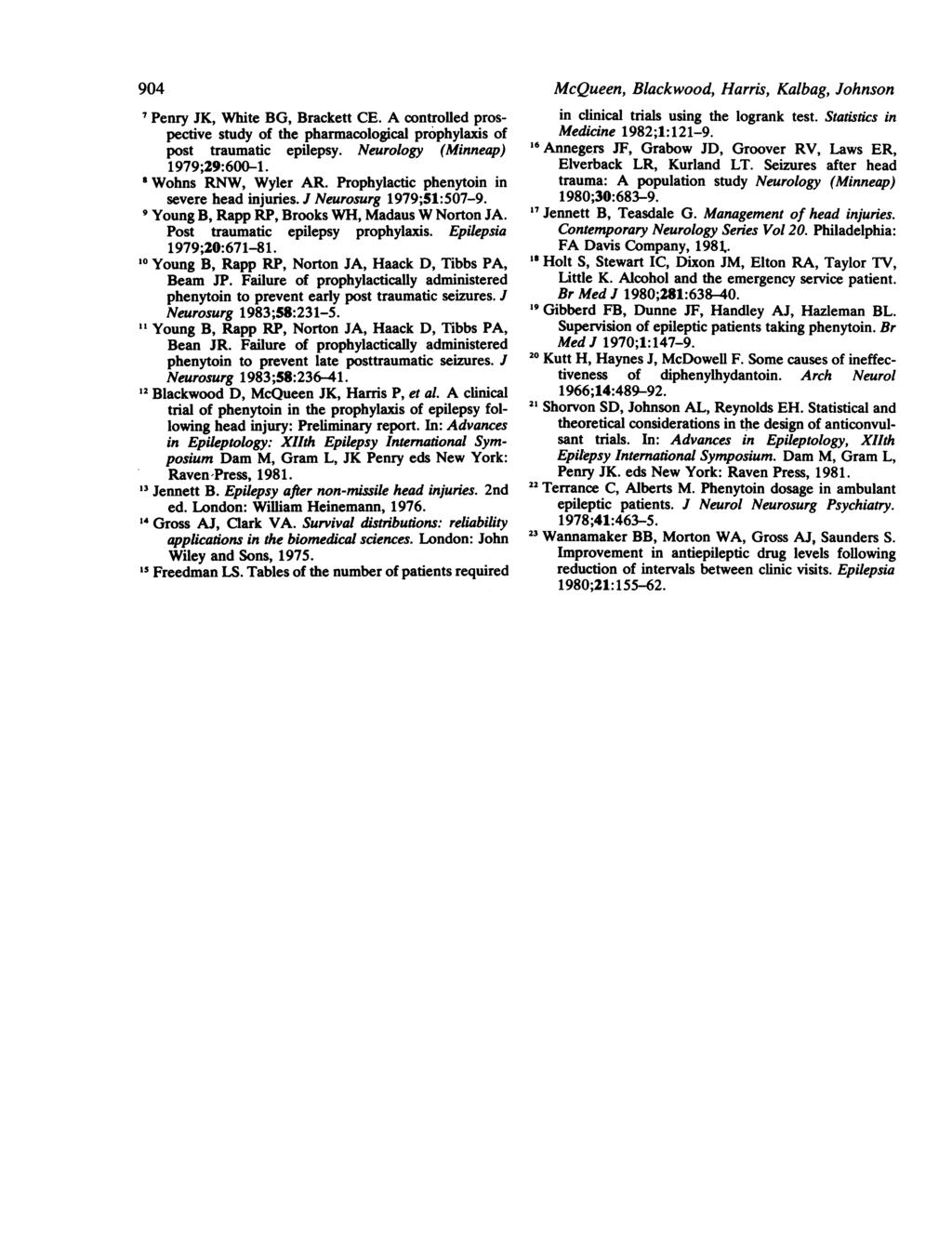 904 Penry JK, White BG, Brackett CE. A controlled prospective study of the pharmacological prophylaxis of post traumatic epilepsy. Neurology (Minneap) 1979;29:600-1. Wohns RNW, Wyler AR.