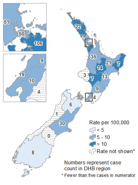 Figure 9. Number of cases and rate per 100,000 population of invasive GAS infection by DHB, 2016 Does not include five cases where the DHB was unknown.
