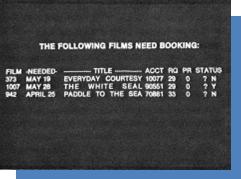 Each film listing consists of the film number, the date needed, the title, the account number of the client requesting the film, and the requesting depository.
