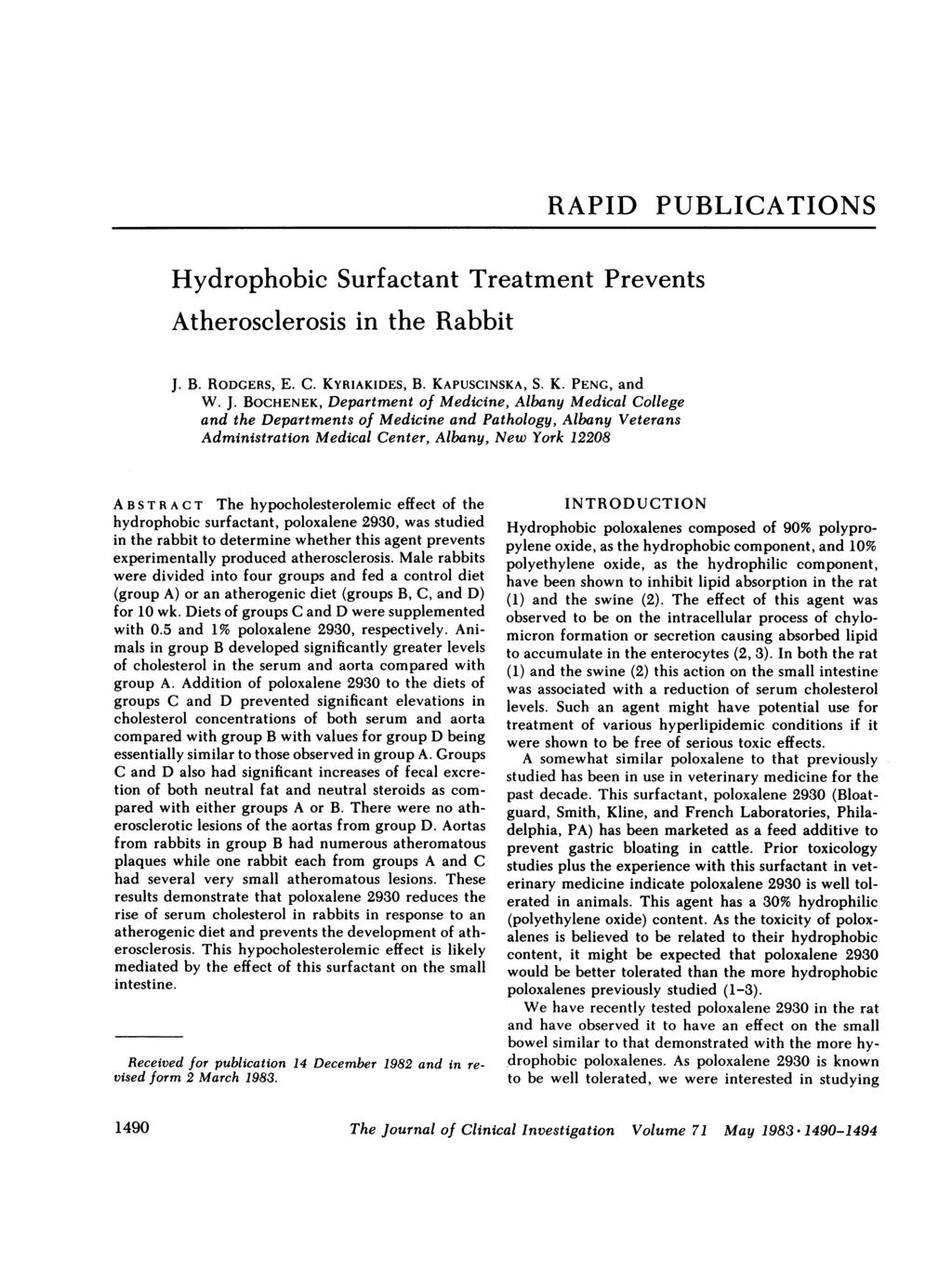Hydrophobic Surfactant Treatment Prevents Atherosclerosis in the Rabbit RAPID PUBLICATIONS J.