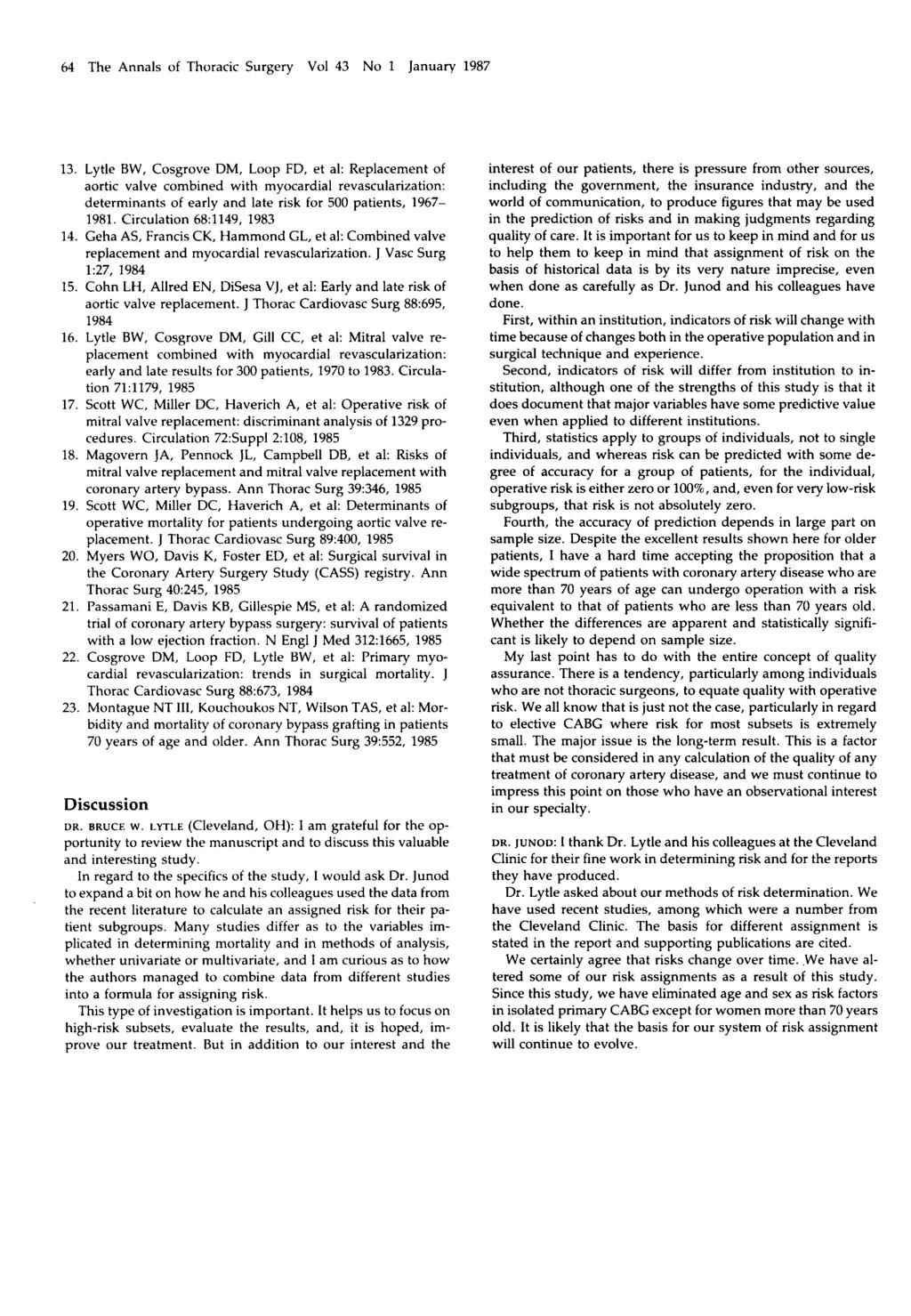 64 The Annals of Thoracic Surgery Vol 43 No 1 January 1987 13.