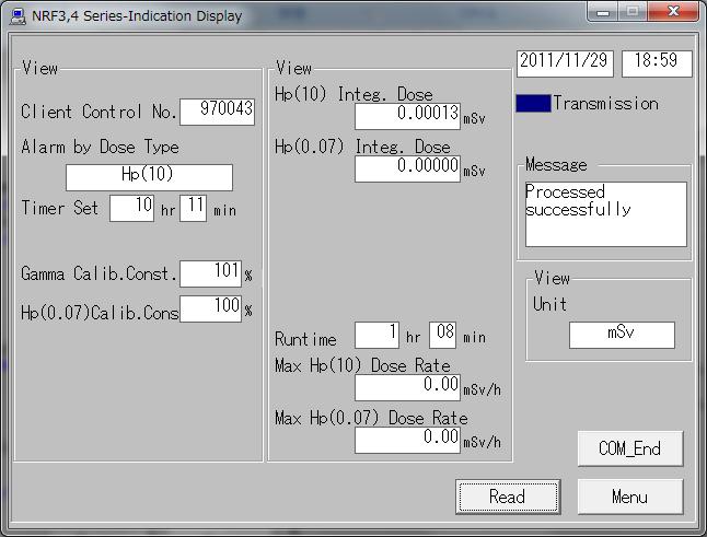 Fig. 5-3-3 Indication Display Window (for NRF34) -- You can preview the measured values read out from the dosimeter. <View> Name Definition, range and unit of the functions Client Control No.