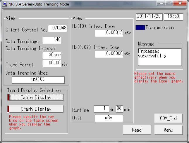 Fig. 5-4-3 Data Trending Mode Window (for NRF34) -- You can preview the trend data read out from the dosimeter. <View> Name Definition, range and unit of the functions Client Control No. Dosimeter ID.