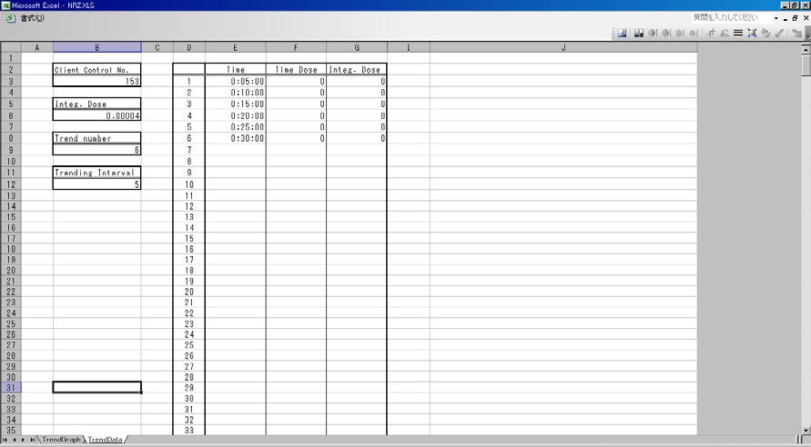 5.6.1 Table Display Fig. 5-4-4 Table Display Window -- You can display the Data Trend read out from a dosimeter in an EXCEL sheet.