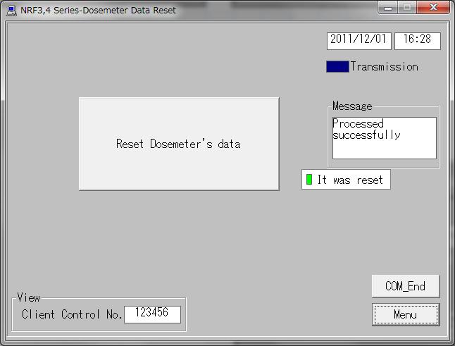 5.11 Dosimeter Data Reset Fig. 5-9 Dosimeter Data Reset Window -- Initialize the internal data in a dosimeter. <View> Name Definition, range and unit of the functions Client Control No. Dosimeter ID.