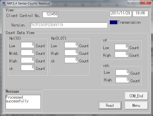 5.13 Counts Readout Fig. 5-11 Counts Readout window -- You can preview count values read out from a dosimeter. <View> Name Definition, range and unit of the functions Client Control No. Dosimeter ID.