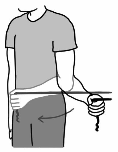 1. Tie exercise band at waist level. 2. Keep bent elbow at your side with hand in front of your body holding exercise band. 3.