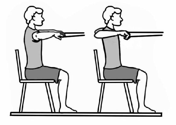 1. Sit up straight in chair. 2. Tie exercise band to secure object at shoulder level. 3. Place ends of band in each hand. 4.