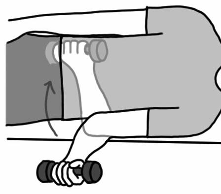 Lie on your side with injured shoulder down. 2. Hold arm on injured side out with elbow bent and touching your waist. 3.
